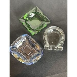 Vintage Ash Tray Lot Of 3 Green MCM Blue Horse Shoe